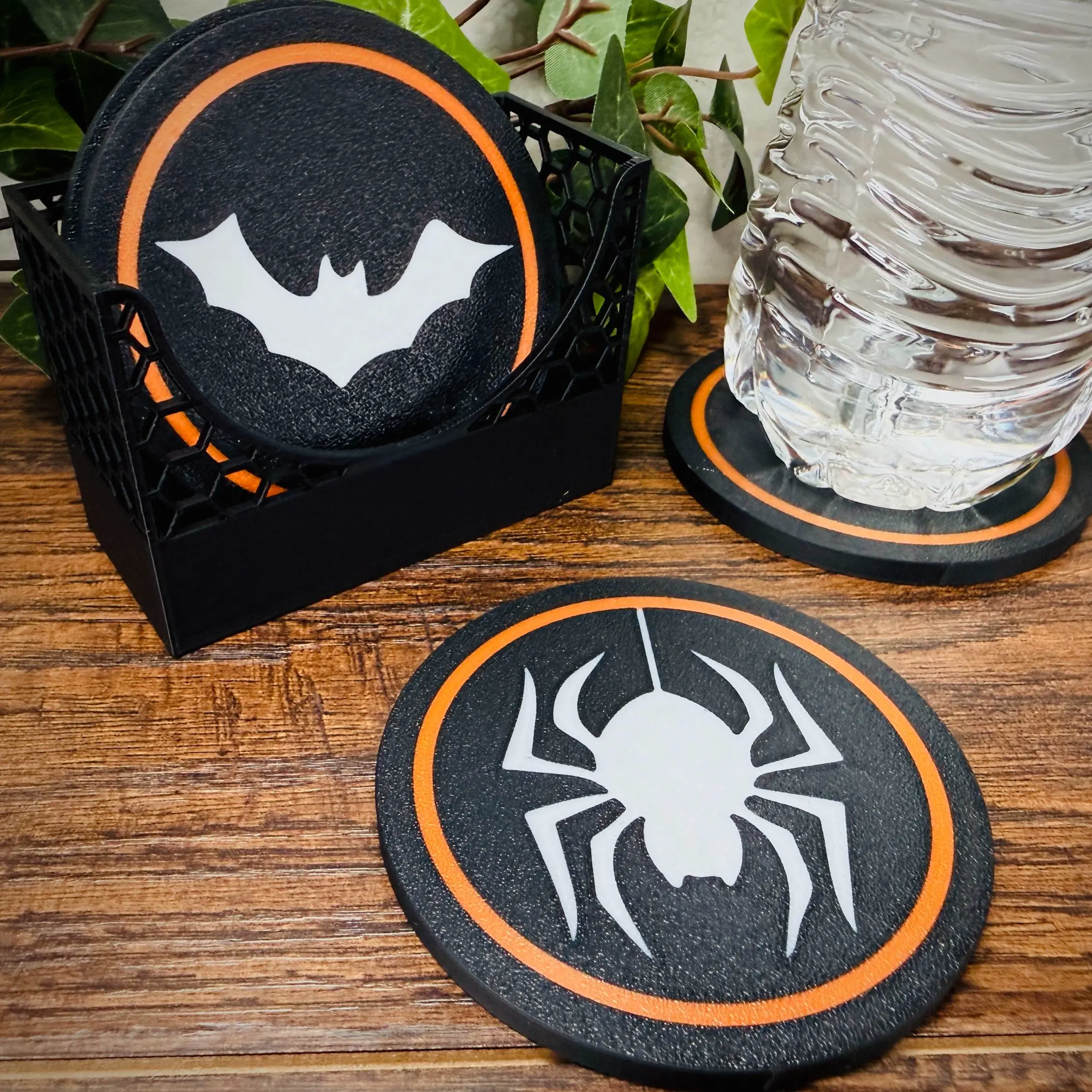 Halloween Coaster Set with Holder – Spider, Cat, Bat, Ghost.