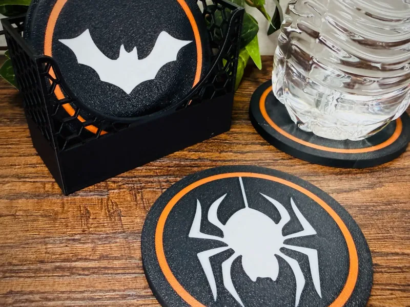 Halloween Coaster Set with Holder – Spider, Cat, Bat, Ghost.