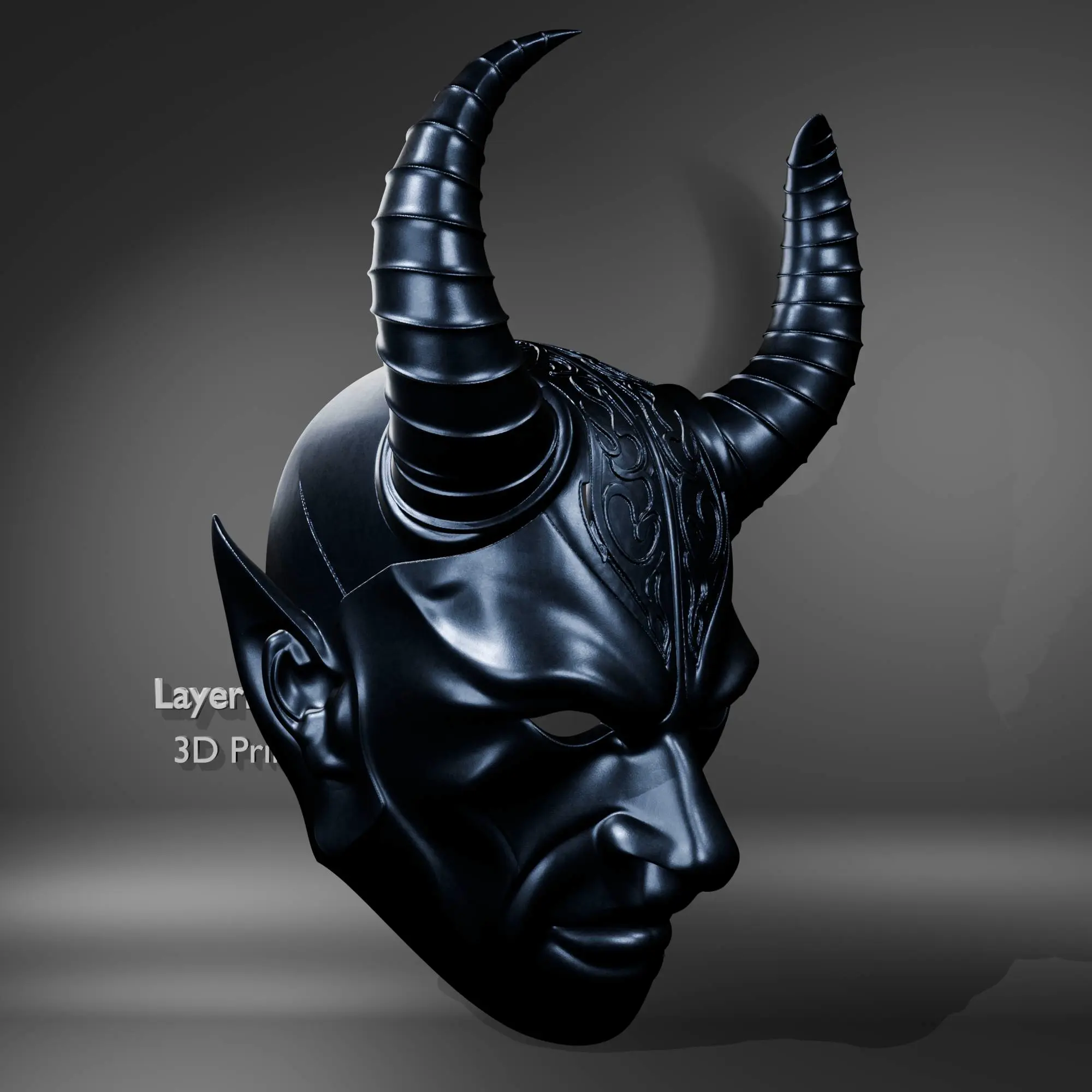 Black Horned Demon Mask STL File – Dark Fantasy Devil Helmet