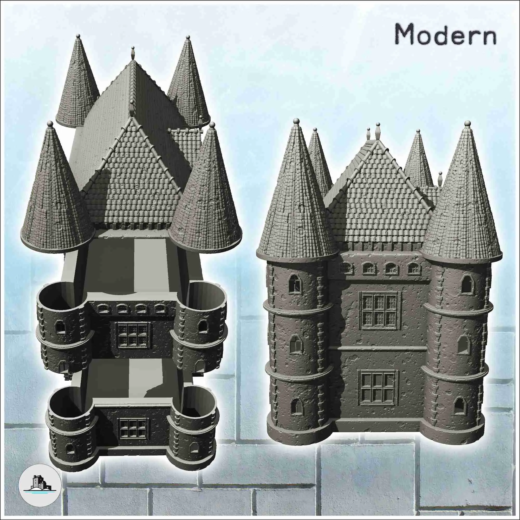 Grande castelo moderno com torres de canto quádruplo e central