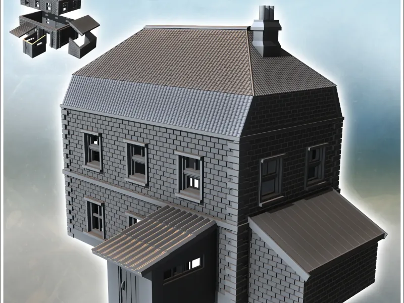 Brick building with two annexes and mansard roof (intact ver