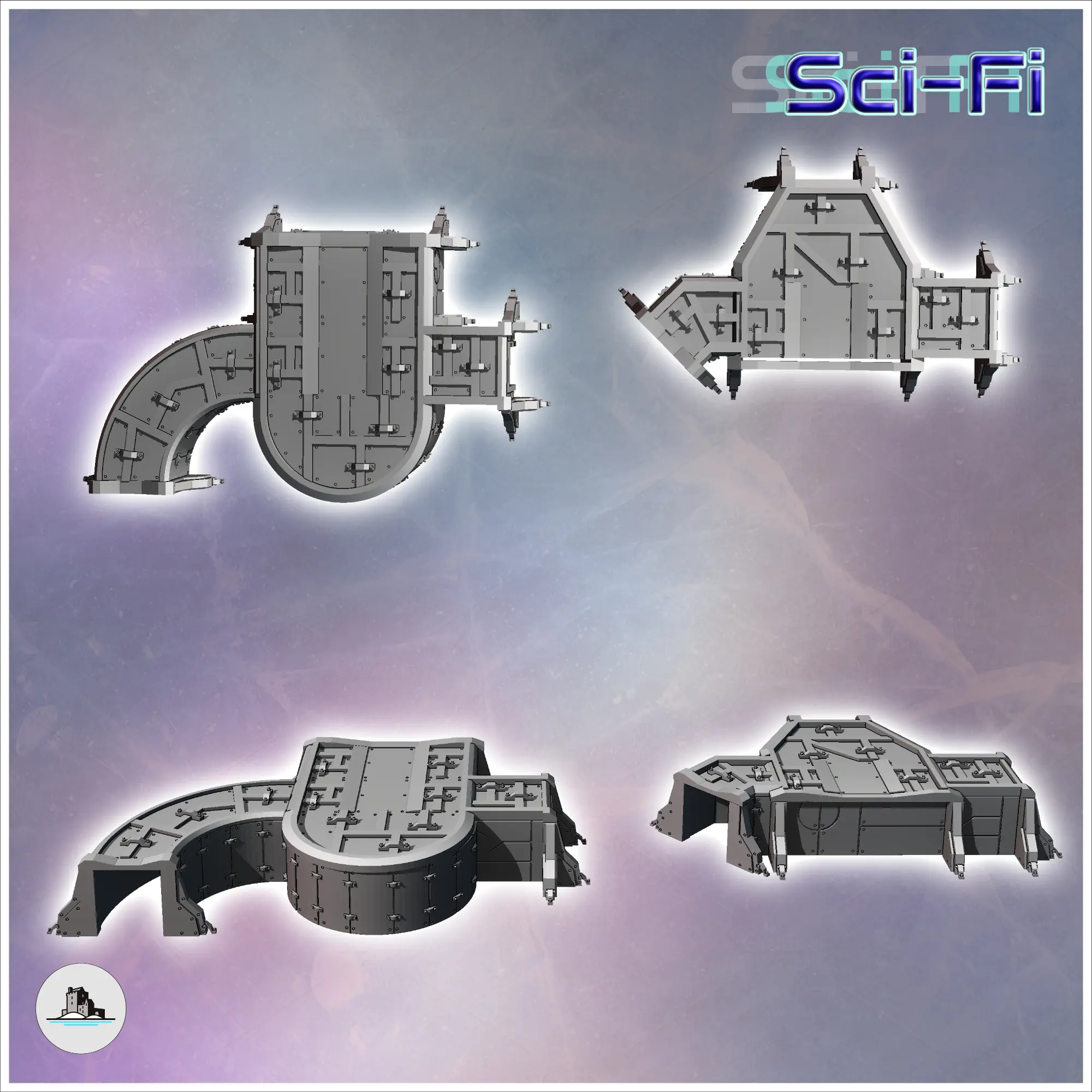 Modular futuristic Sci-Fi fortified bunker with corner metal