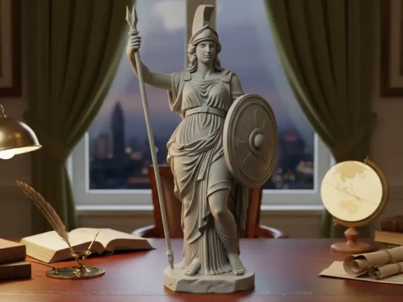 statue of Athena, goddess of wisdom with spear and shield