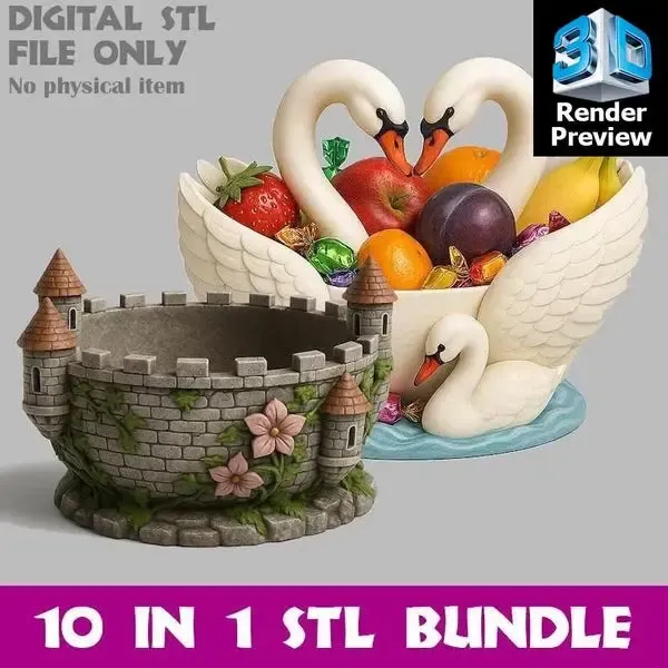 Fantasy Swan & Castle Decorative Bowl – 10 in 1 STL Bundle