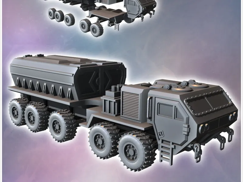 Camion all-terrain futurist cu zece roți, cu cabină și spate