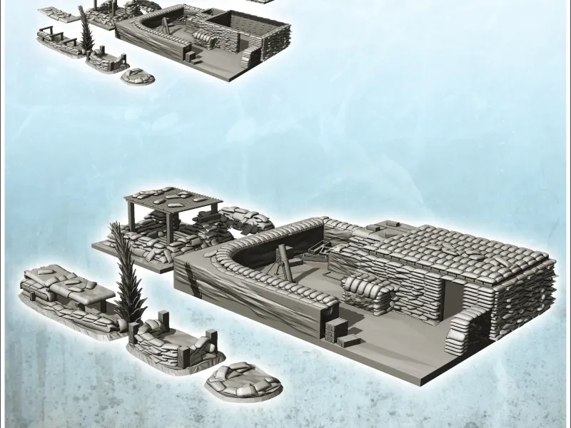 Fortified infantry positions with sandbags, bunker and morta