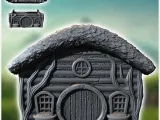 Hobbit house with sloping concave roof and round wooden door-1
