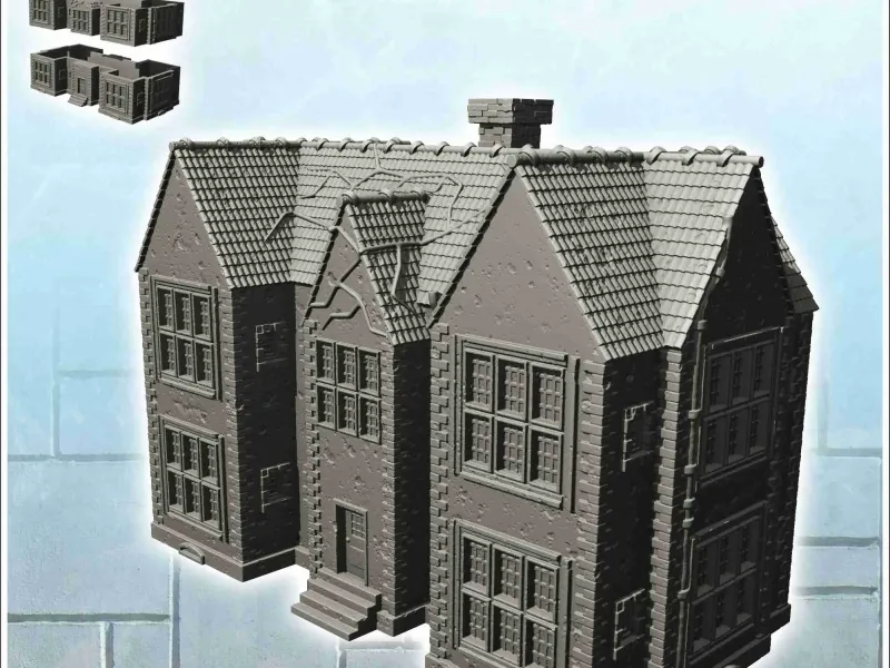 Groot modern huis met twee vleugels, majestueuze ingang en vegetatie