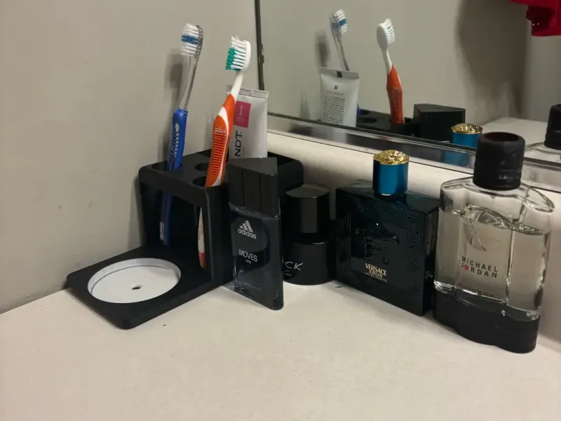 Organisateur de salle de bain moderne à 3 compartiments avec porte-brosses à dents