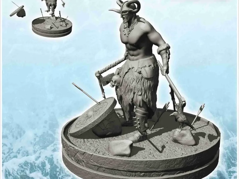Viking warrior with horned helmet and double axes