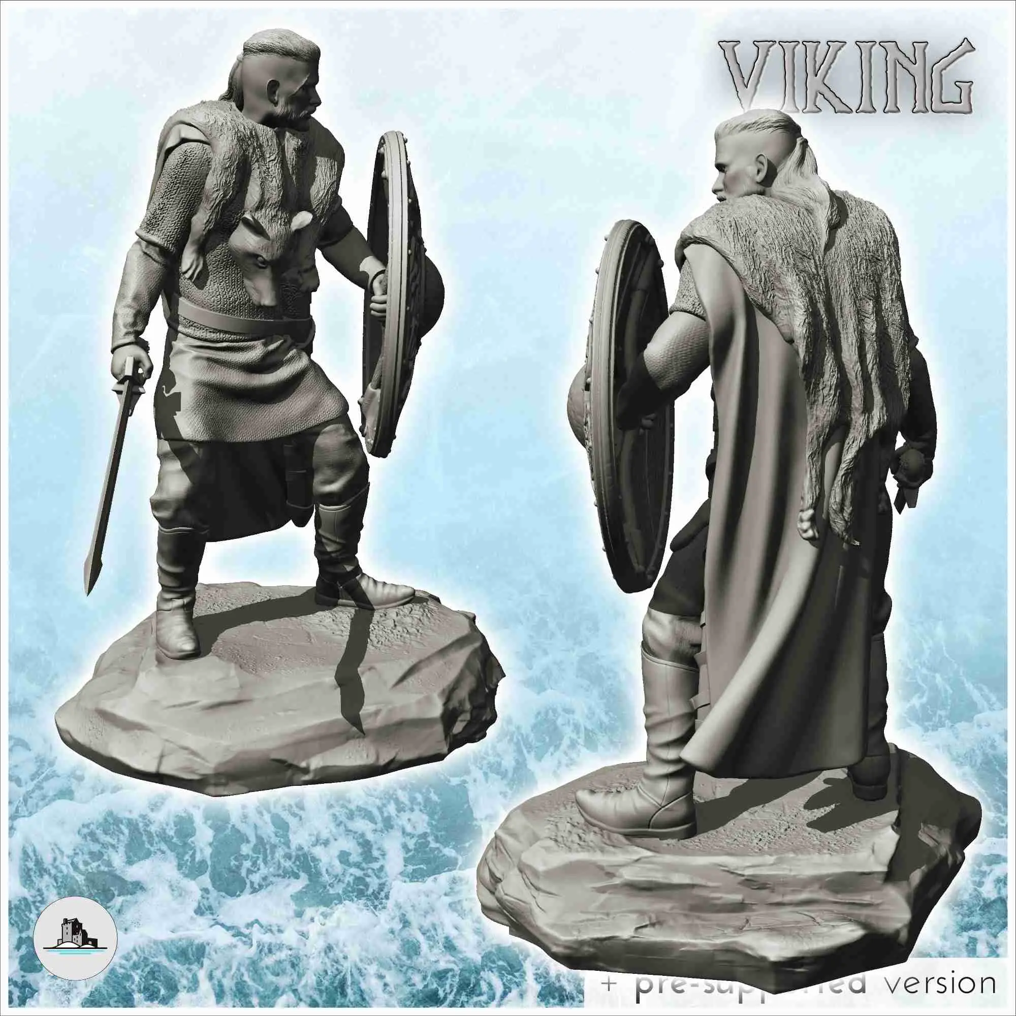 Războinic viking în poziție de luptă cu scut și sabie