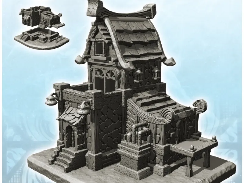 Large medieval building with double terraces and exterior pi