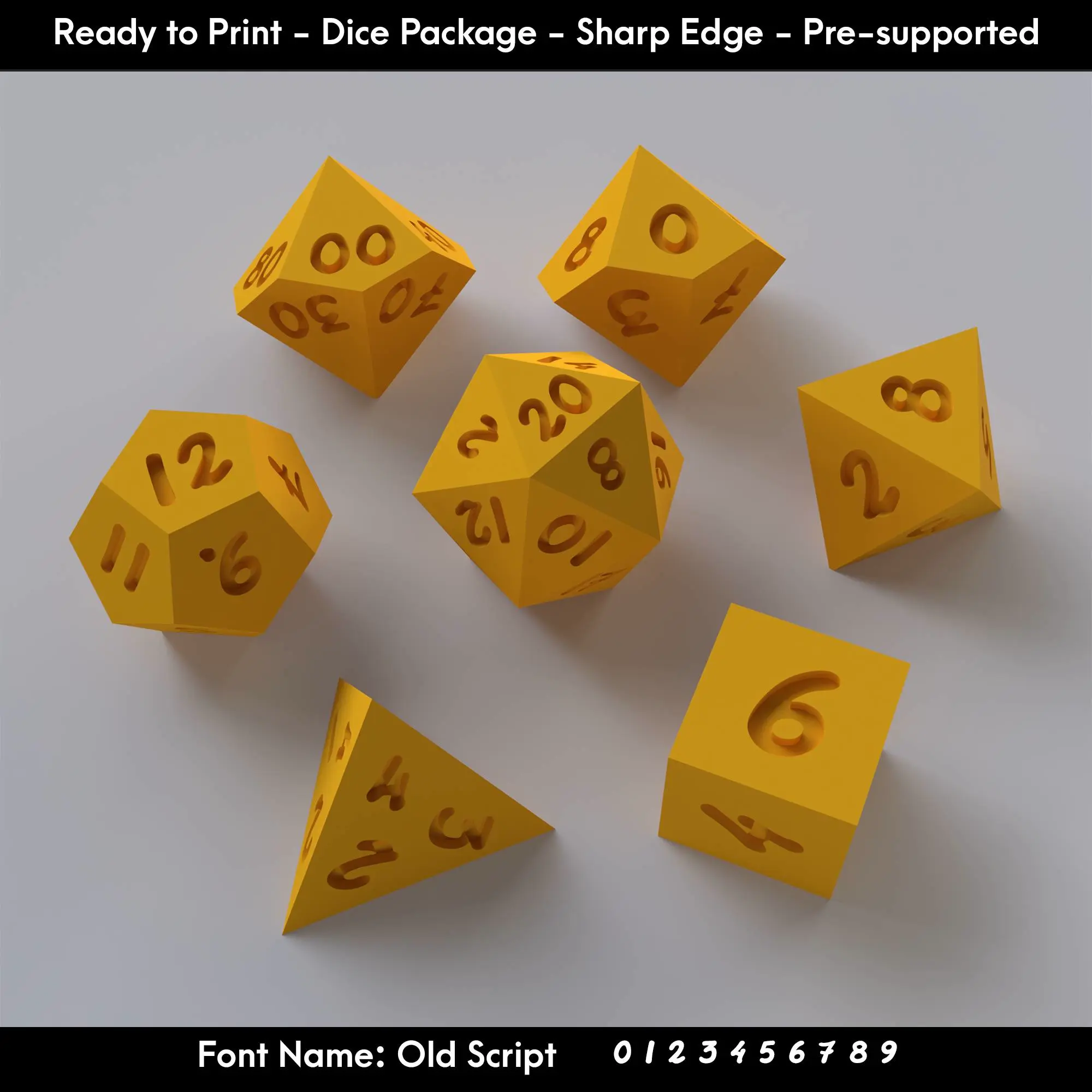 Dice Set – Ready to Print - 7 Piece Set – Old Script font