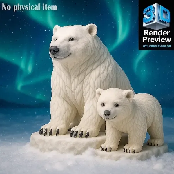 Polar Bear with Cub STL | Arctic Wildlife Figurine | Single-