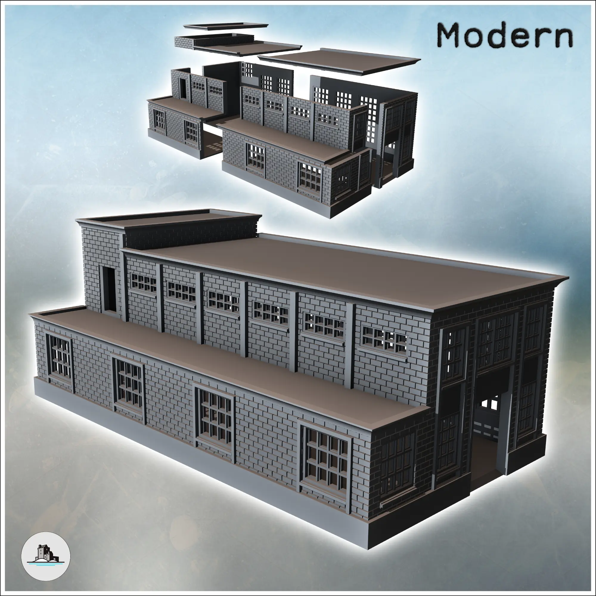 Modern industrial brick building with flat roofs, large acce