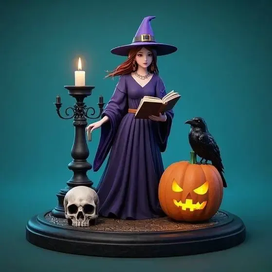 21  Witch with Spell book, Skull,  Raven and  Pumpkin