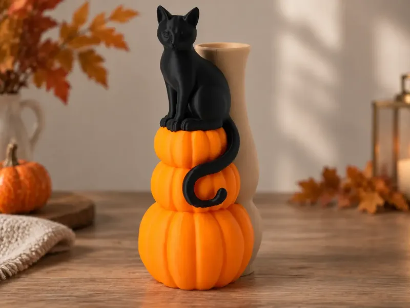 Vază cu Pisică Neagră și Dovleac - Decor de Toamnă pentru Halloween