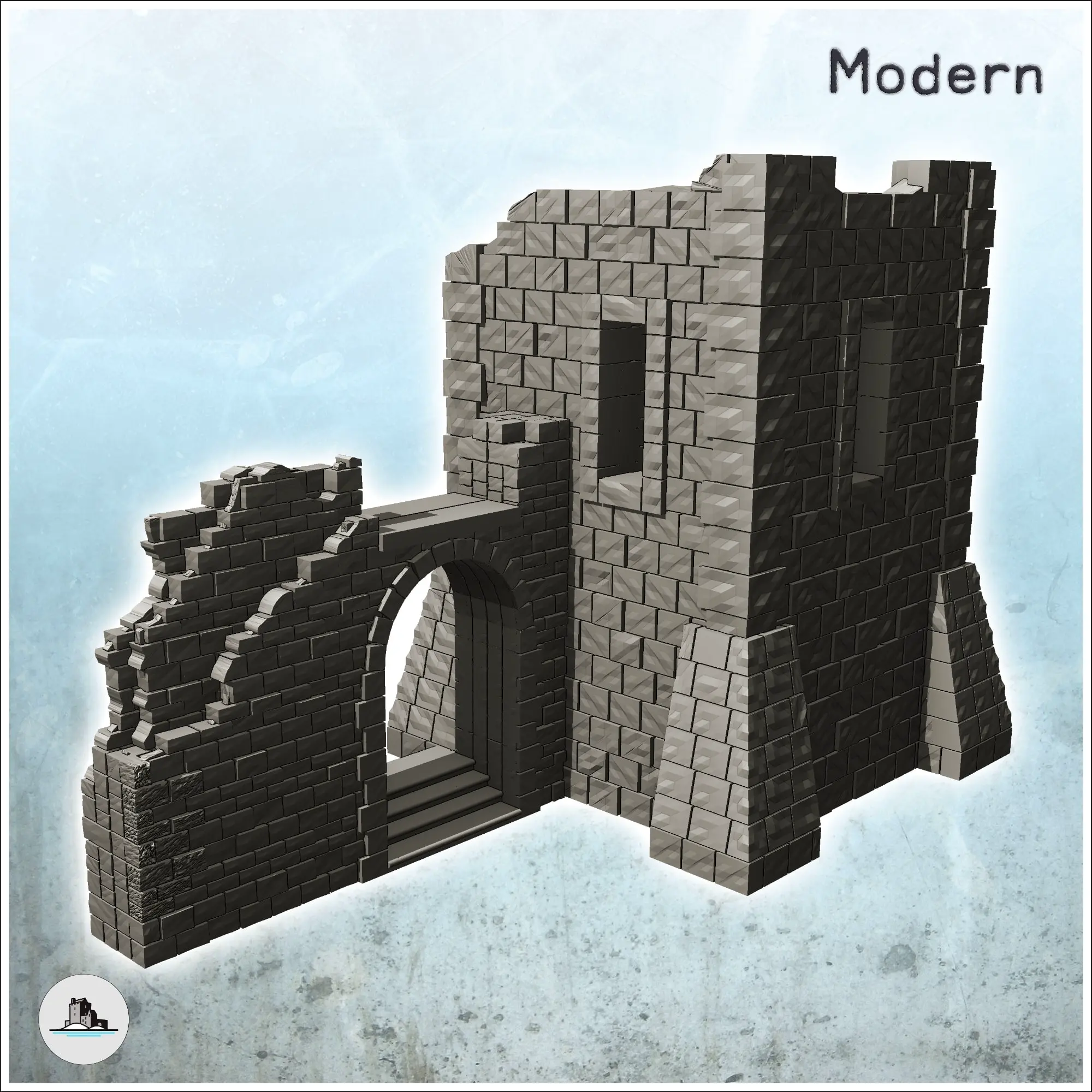 Edificio en ruinas con torre de piedra y escalera bajo arco (3