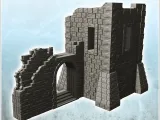 Ruined building with stone tower and staircase under arch (3-0