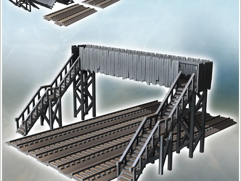 Fußgänger-Eisenbahnbrücke mit Holzbohlenwänden und vier Schienen