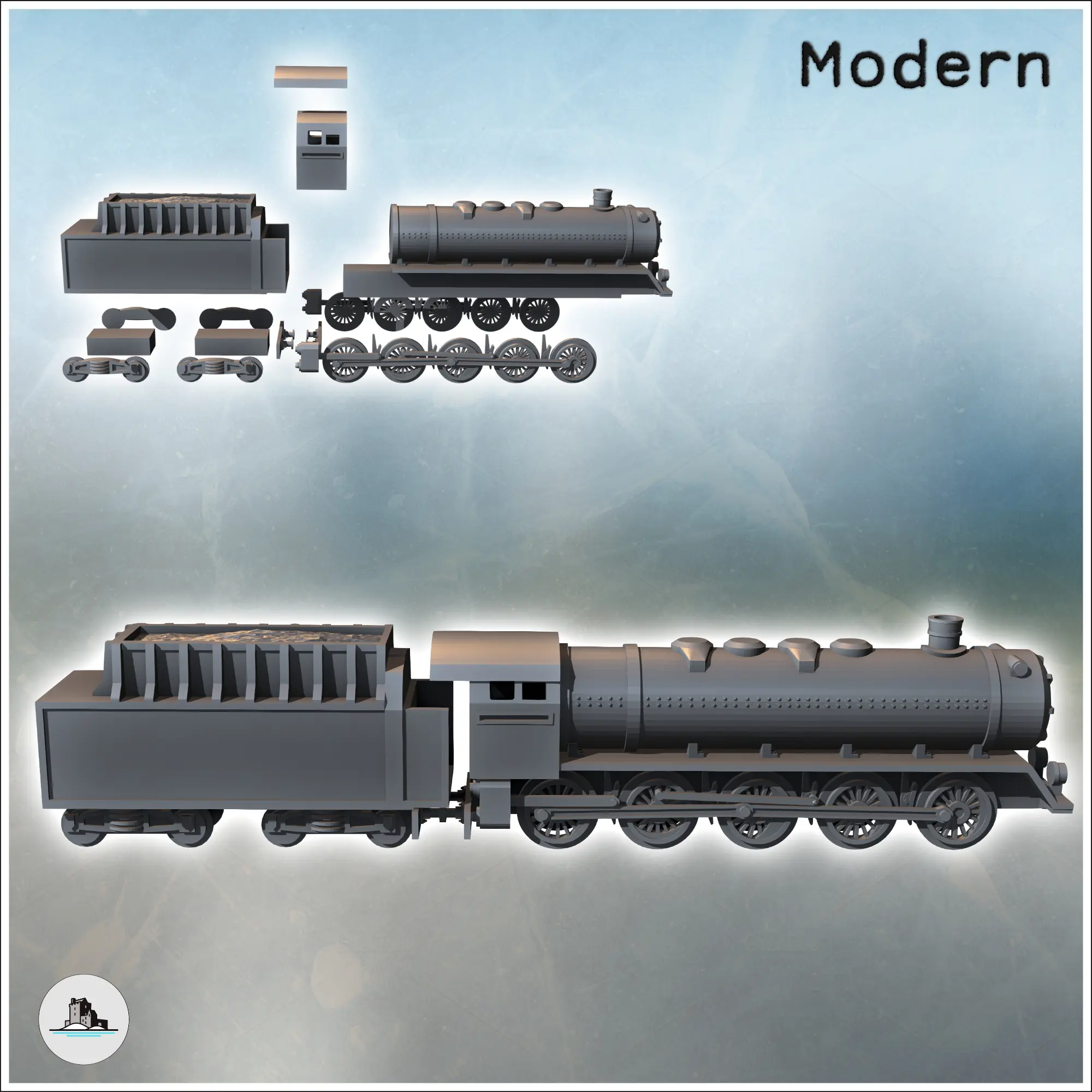 Set of steam locomotive with five axles and a coal wagon at | تحميل ...