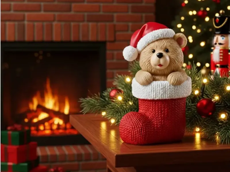 Kerstteddybeer in een kous