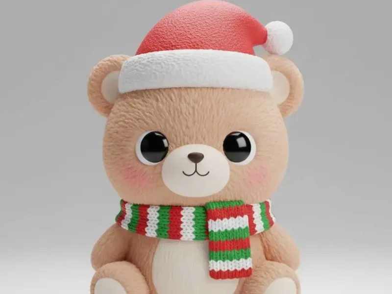 Modelo 3D de Ursinho Kawaii com Gorro de Natal e Cachecol