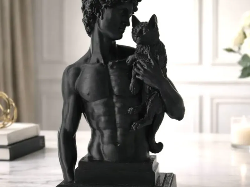 David with a Cat Sculpture – Funny Classical Bust