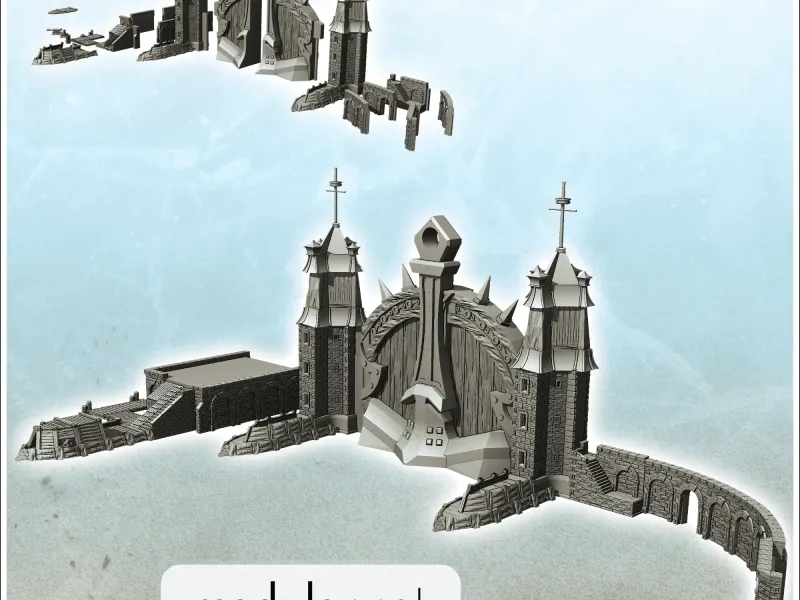 Modular medieval port entrance set with monumental gate, qua