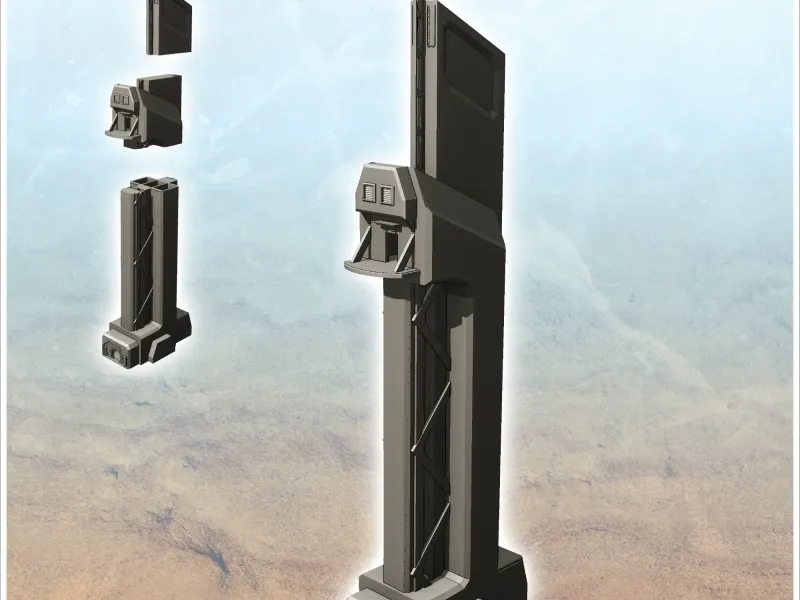 Large futuristic control tower with antenna and high platfor
