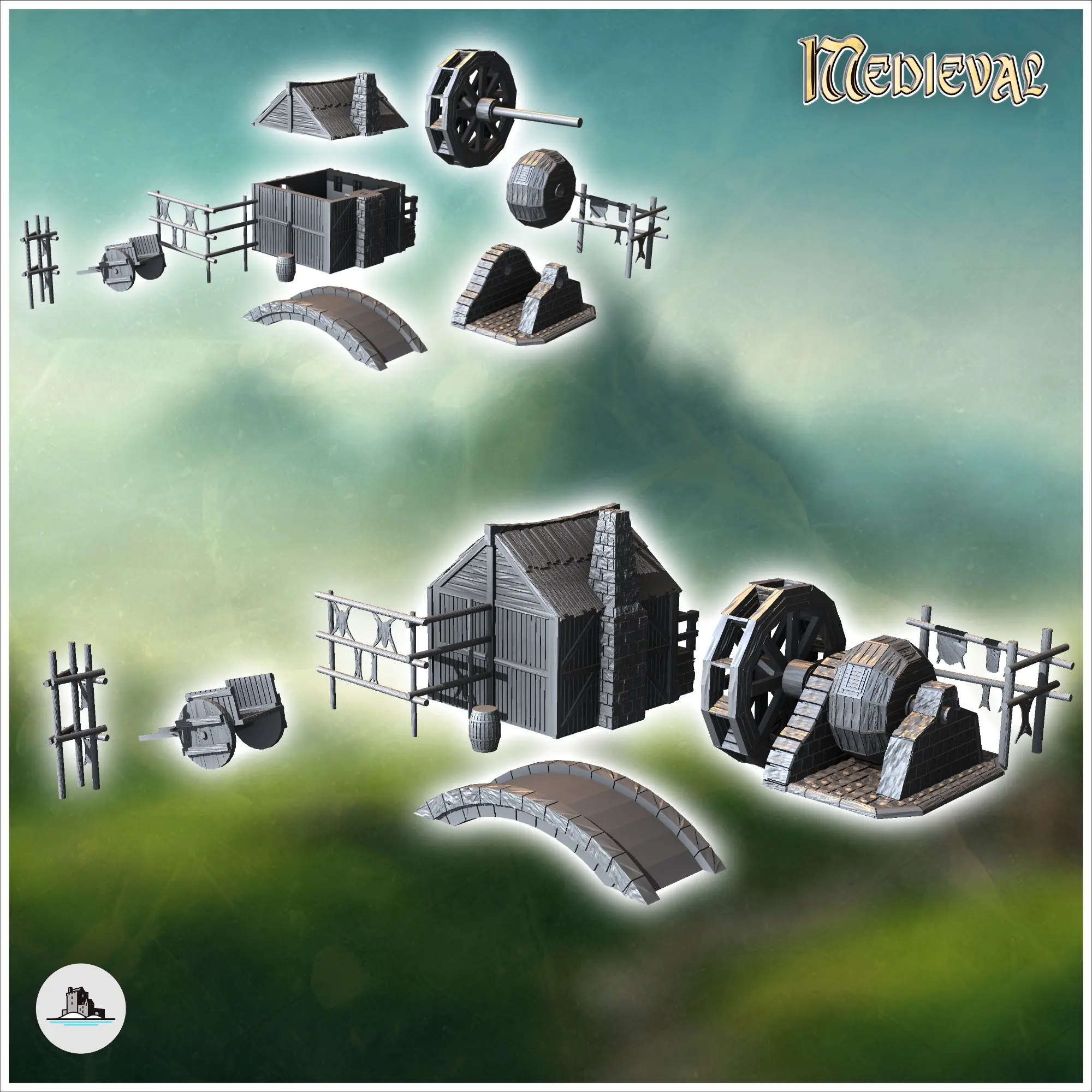 Medieval house set with bridge, water mill and skin drying r