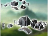 Medieval house set with bridge, water mill and skin drying r-0