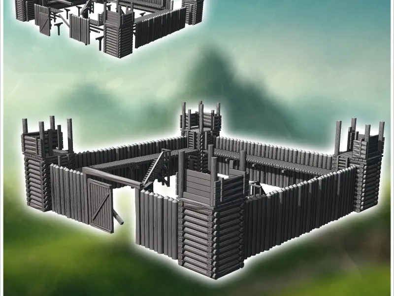 Fortified outpost with log walls, large wooden gate, and def