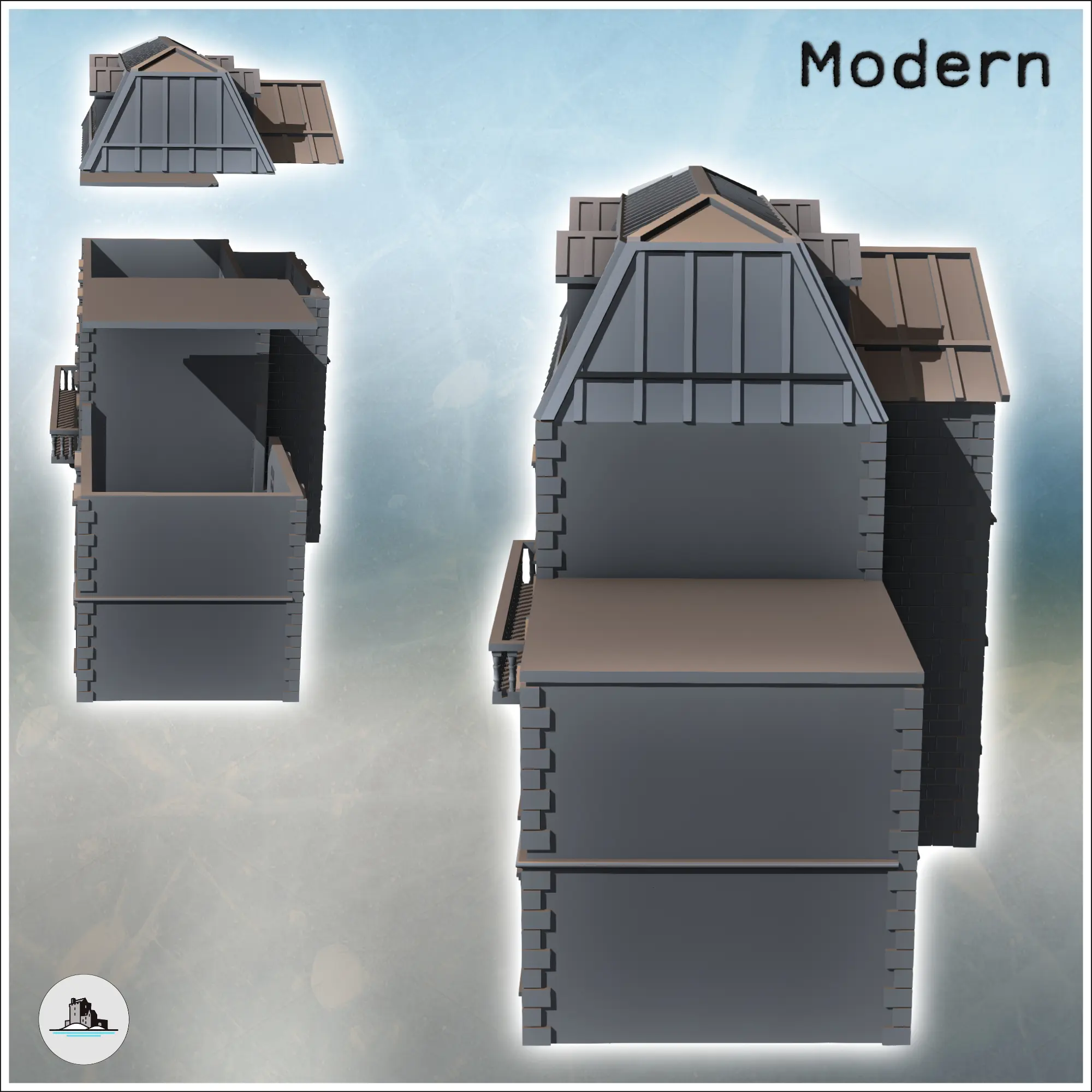 Large building with a zinc roof hewn stone base and flat-roo