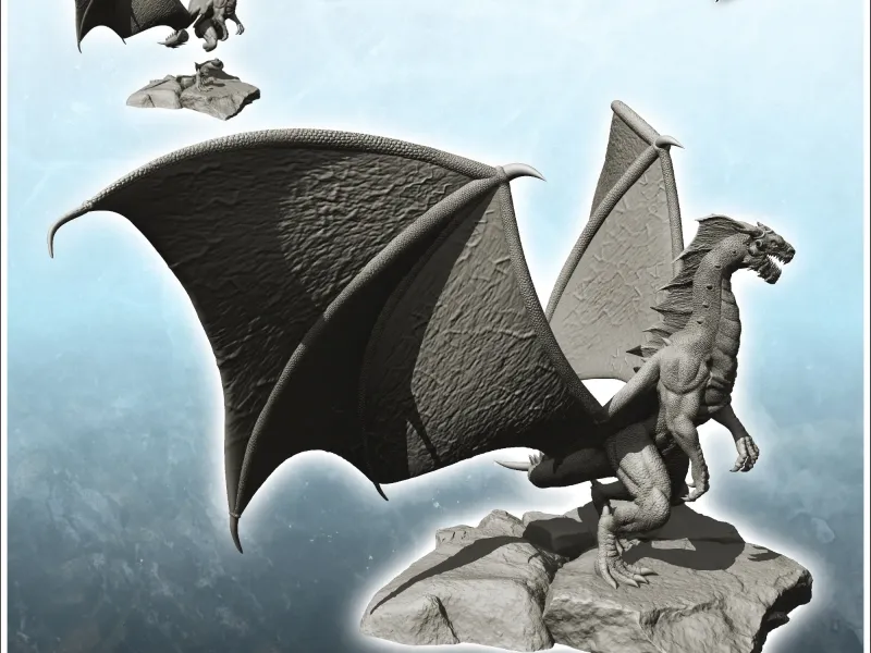 Drago con grandi ali in piedi su un terreno roccioso - figura mini