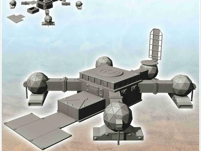 Grande base futurista com quatro cúpulas de canto