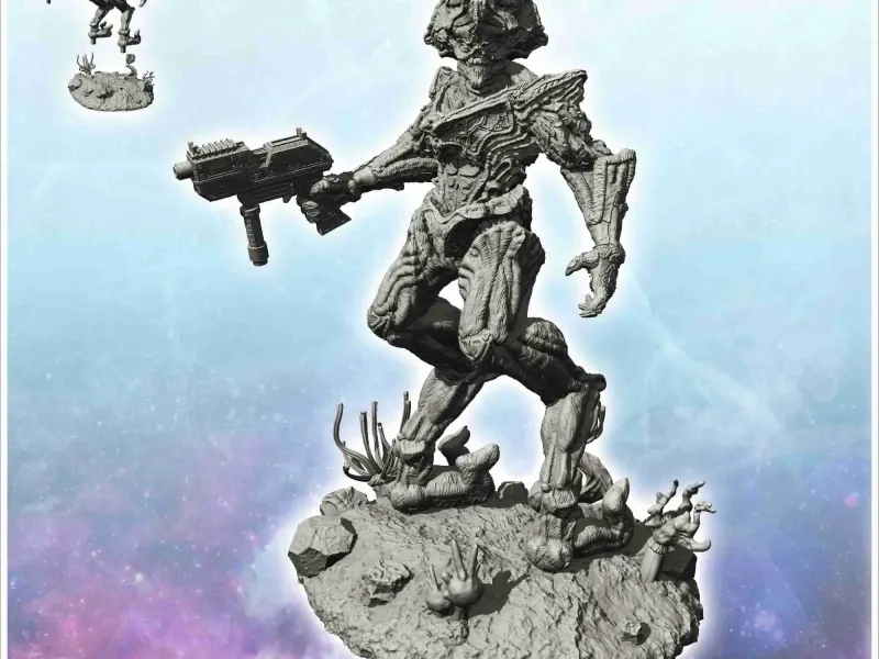 Alien warrior with alien plants and assault rifle (1) - scie