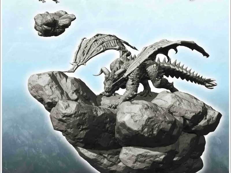 Dragon walking on a rock, big tail with scales and spikes, h