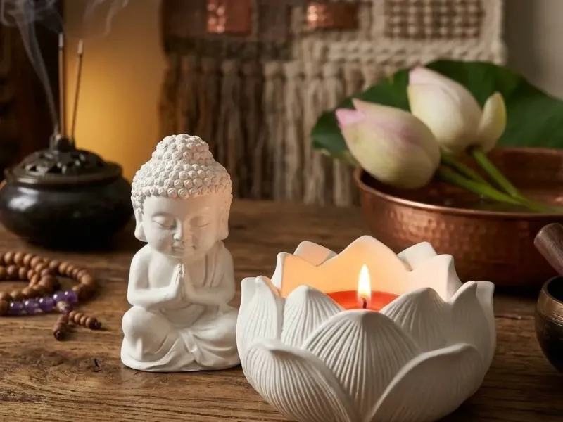 Zen Set: Lotus Flower Candle Holder & Small Buddha Statue