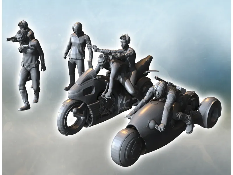 Set of six post-apocalyptic gang members with two futuristic