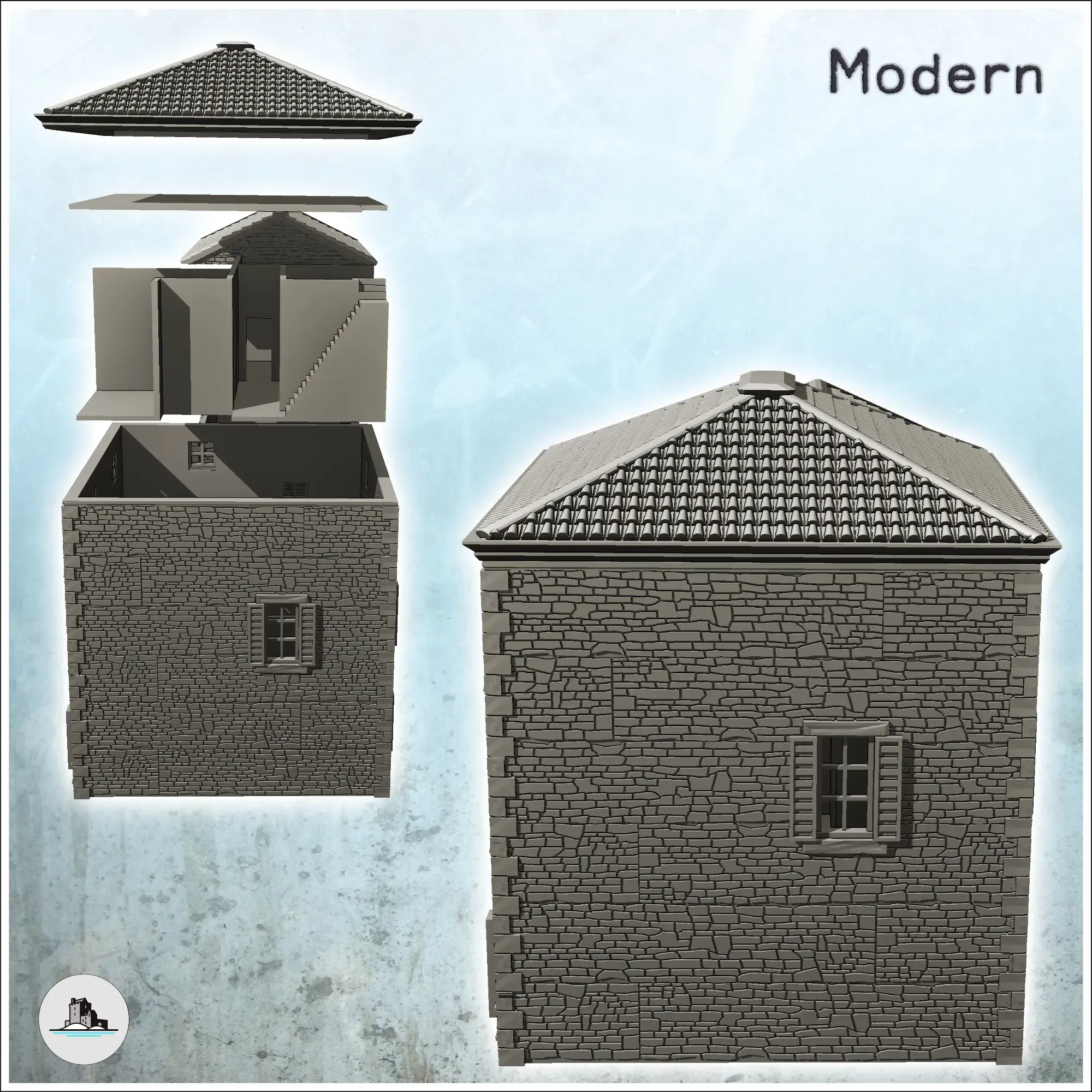 Set of two tiled roof houses with stone walls and shutters (