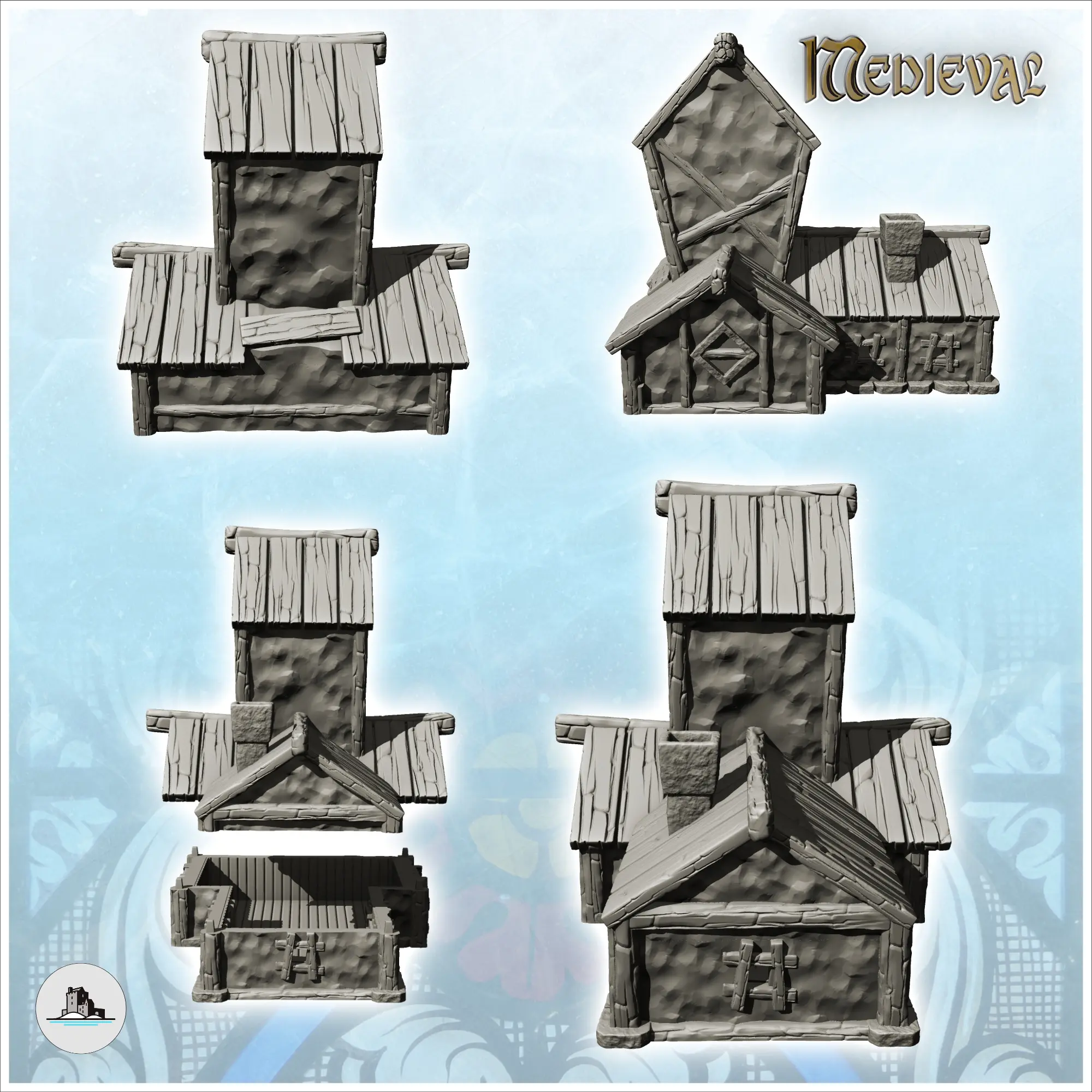 Medieval house with wooden roof and central tower with windo