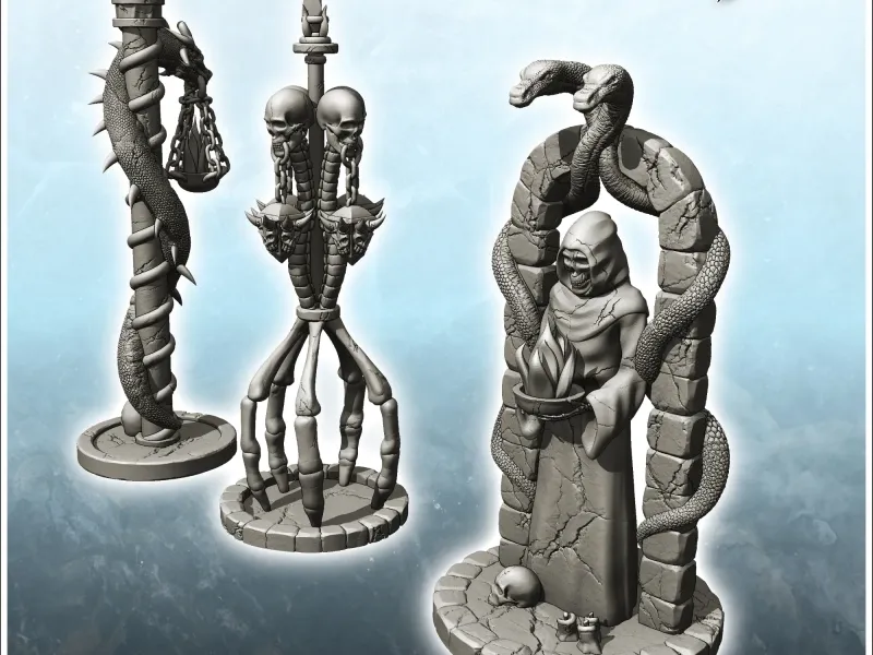 Set of three evil totems with skeleton and bones (9) - minia