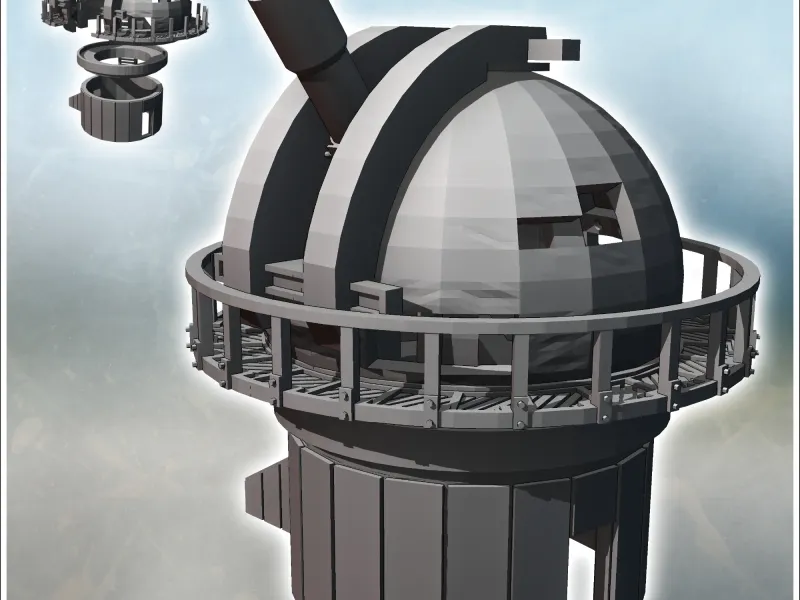 Observatoire moderne endommagé, équipé d'un grand télescope et d'une lunette circulaire