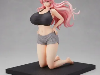 Sporty Pink Hair Anime Girl – Kneeling Glamour Pose Ecchi