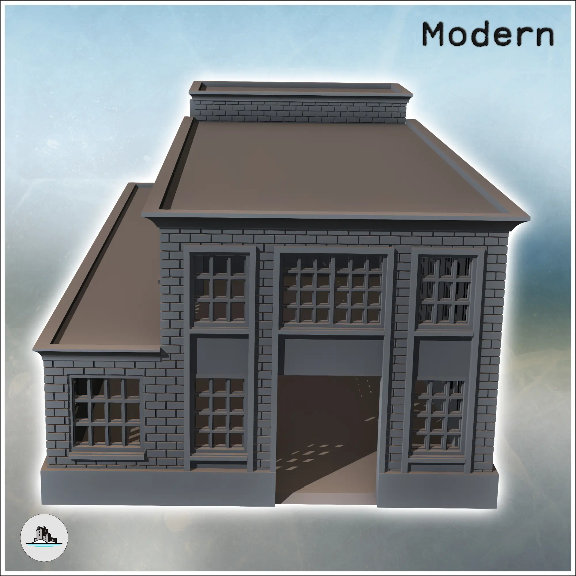 Modern industrial brick building with flat roofs, large acce