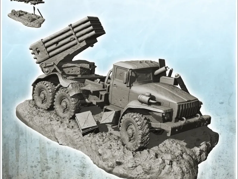 Carcass of Soviet Russian BMP21 Grad rocket launcher truck