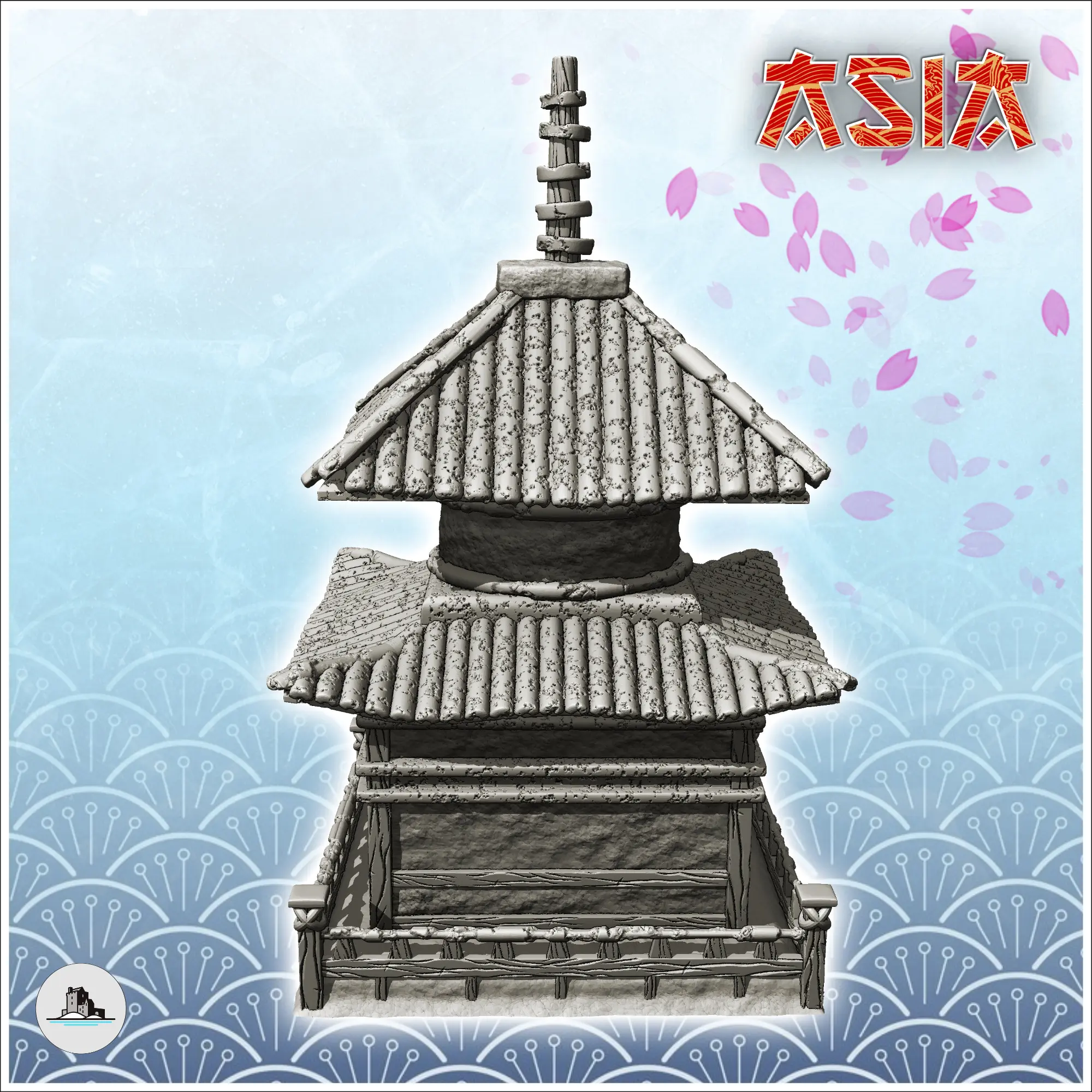 Pagoda oriental con escalera de acceso, tejado doble curvo y