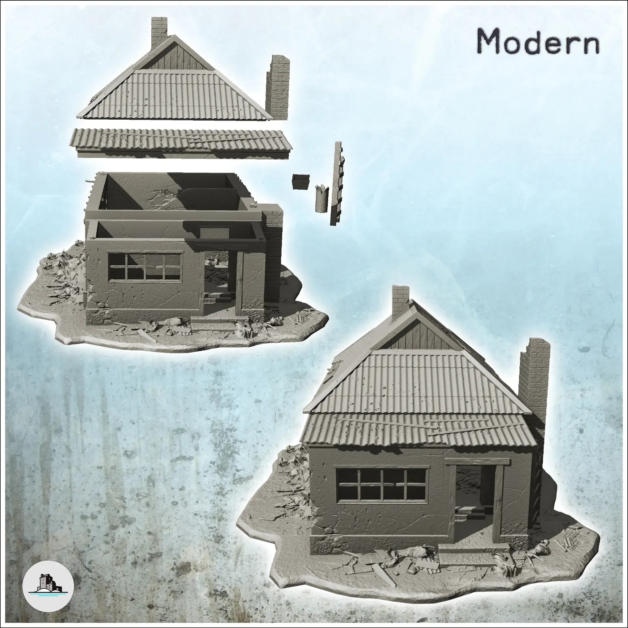 Modern house with tin roof and external chimney (damaged)