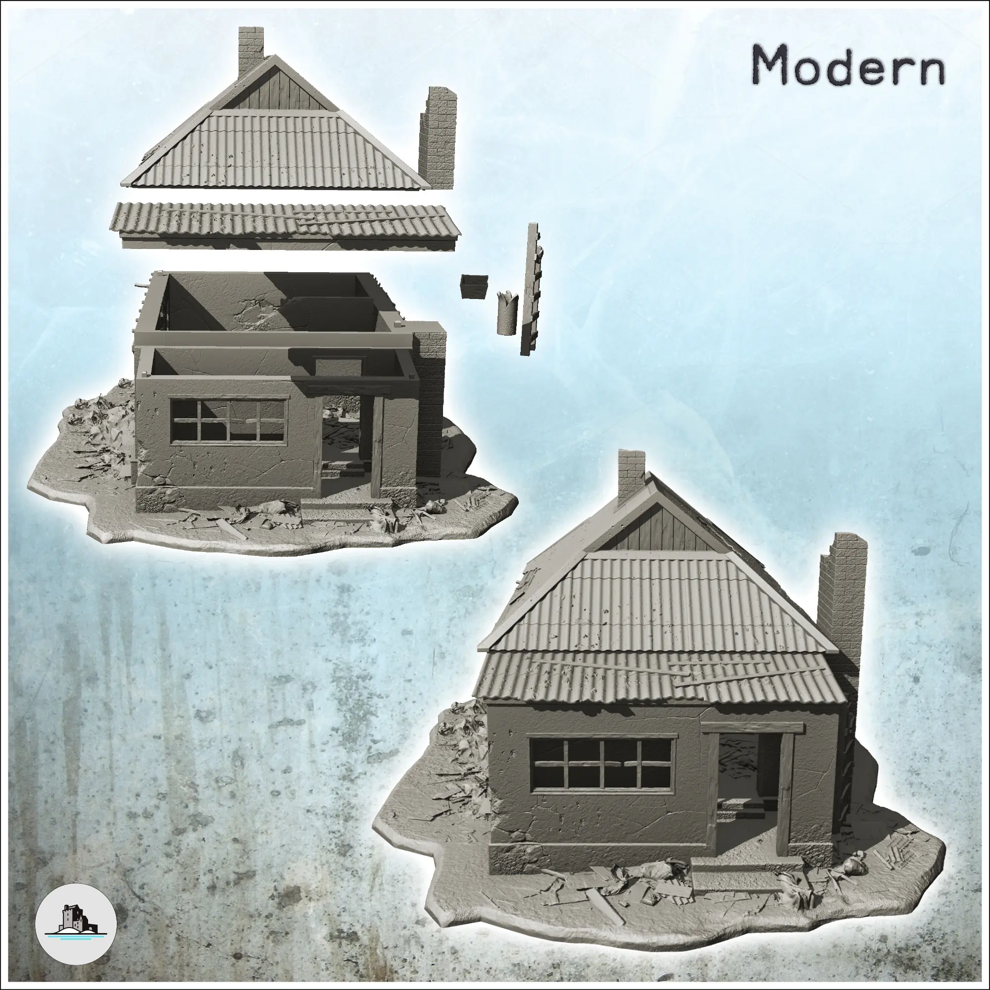 Maison moderne avec toit en tôle et cheminée extérieure (endommagée)